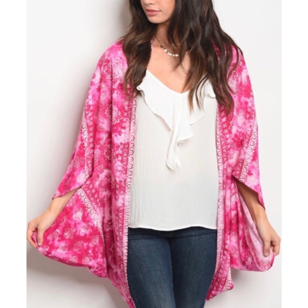 Pink Boho Print Dolman Sleeve Kimono​​